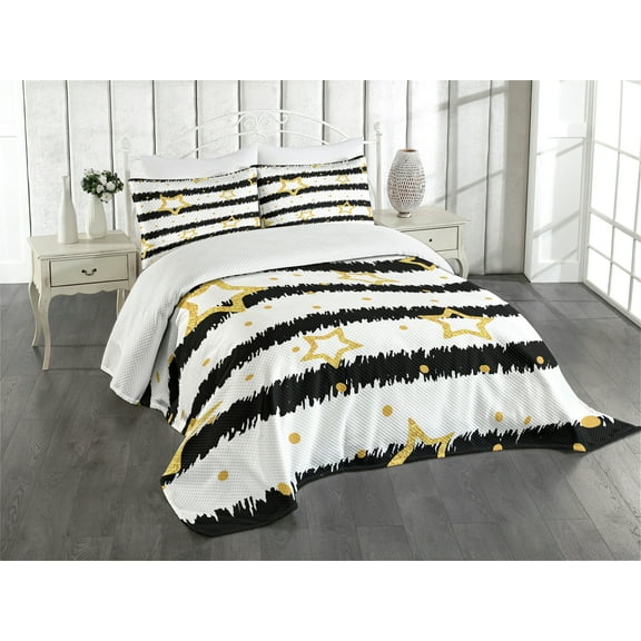 Ambesonne Star Quilted Bedspread Set 3 Pcs, Dots Stripes Celebration, Queen Size, Black White Yellow