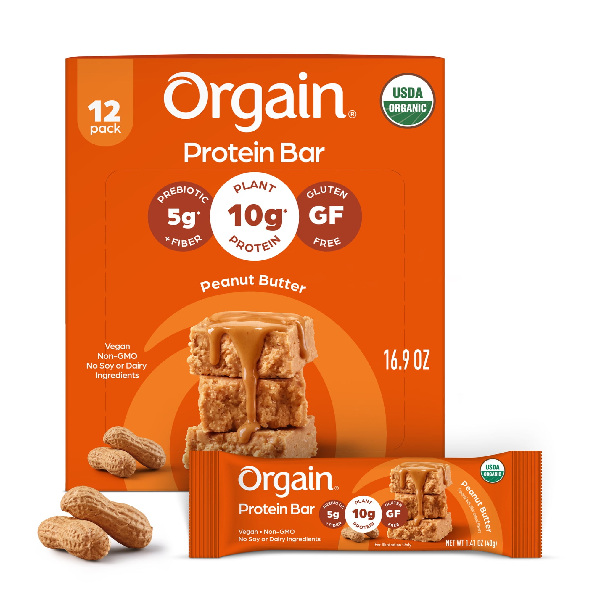 Orgain Organic Vegan Protein Snack Bars, Peanut Butter, 1.41oz (Pack of 12)