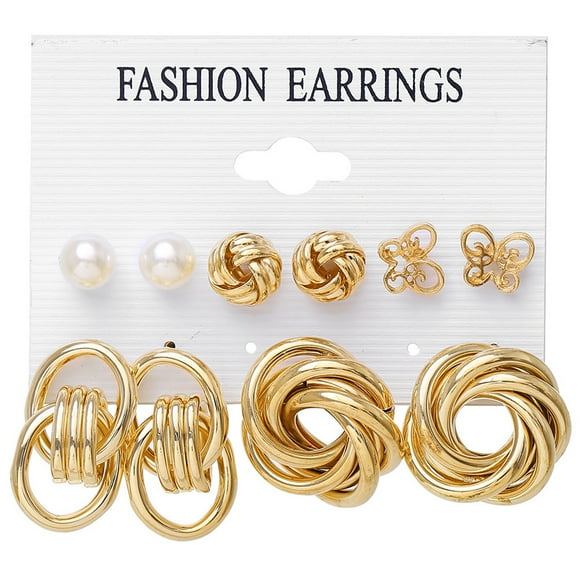Pearl Earrings Retro Metal Circle Ladies Jewelry Geometric Pearl Earrings 5-Piece Set