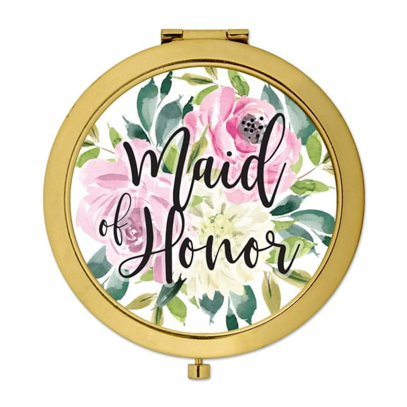 Koyal Wholesale Compact Mirror Maid of Honor Wedding Gift, Gold, Pink and Ivory Roses, 1-Pack