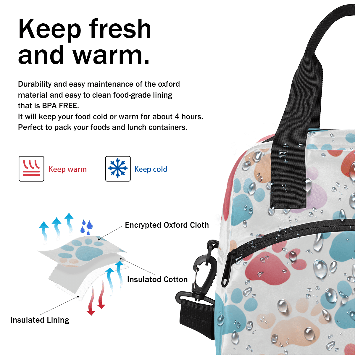 Herdesigns Dog Paw Print Insulated Lunch Bag for Women Men Adults Large Reusable Lunch Box Cute Animal Dog Paw Print Leakproof Cooler Tote Bags with Adjustable Shoulder Strap