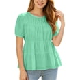 thumbnail image 2 of Peplum Tops for Women Summer Puff Short Sleeve Crewneck Pleated Dressy Casual Flowy Blouse Cute Vacation Outfits, 2 of 7