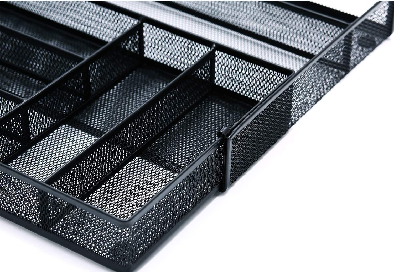 Utensil Drawer Organizer - Expandable Cutlery Tray, Silverware/Flatware Storage Divider for Kitchen, Mesh Designing with Non-slip Rubber Feet (black)