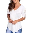 thumbnail image 3 of Blusa de manga corta con costuras de encaje, cuello en V, camiseta clásica de Color puro, verano para mujer, 3 of 6