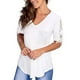 thumbnail image 3 of Blusa de manga corta con costuras de encaje, cuello en V, camisa clásica de color puro, verano para mujer, mujer, blanco, S, 3 of 6