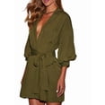 thumbnail image 3 of Women'S Collar V Neck Button Down Pleated 3/4 Sleeve Mini Shirt Dress with Belt Army Green XXL, 3 of 9