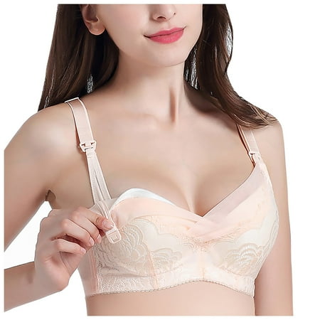 DXOUPM Women Soft Underwire Lace Close Knit Nursing Bras for Breastfeeding Deep V Pregnant Woman Bra Beige 80D