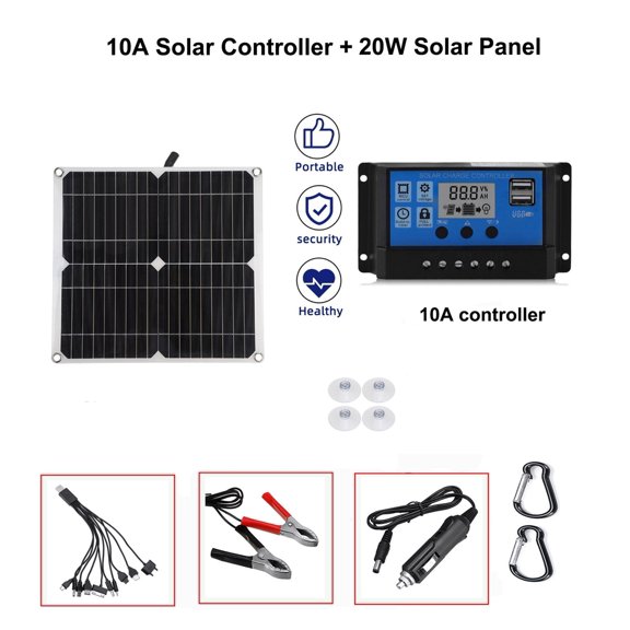 Panneau Solaire 20W USB 5V DC 12V avec Contrôleur 10/20/30A Cellules Solaires Flexibles pour Chargeur de Pile de Voiture Yacht Camping Étanche, Facile à Installer