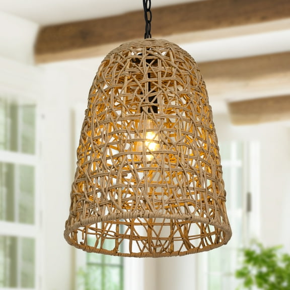 LNC 14-in Natural Rattan Pendant Light, Boho Hanging Lamp for Kitchen or Bedroom