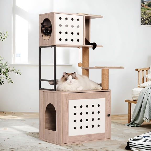 Cat Tree with Litter Box Enclosure, All-in-One Cat Tower Condo with Large Hammock, Cat Bed, Food Station and Scratching Posts, Modern Pet Furniture for Indoor Cats, Gray White
