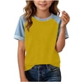 thumbnail image 3 of Babcutegg Girls Denim-Style Printed Short Sleeve T-Shirt – Casual Round Neck Top with Contrast Patchwork Design for Summer Everyday Wear Yellow Size 9-10, 3 of 6