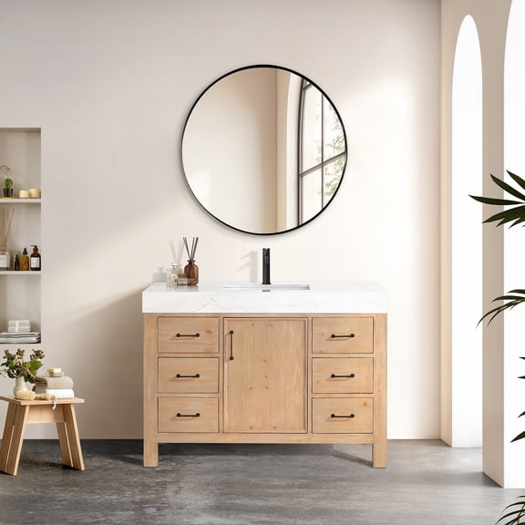 Leon 48" Bathroom Vanity in Fir Wood Brown with Composite top in Lightning White