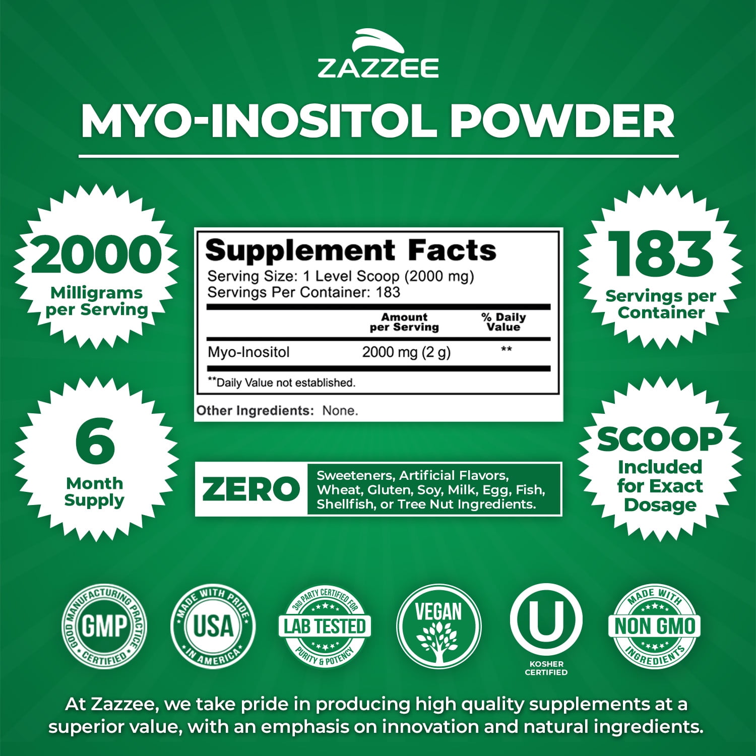 Zazzee Myo-Inositol Powder 2000 mg – Supports Fertility & Reproductive Health – 100% Pure