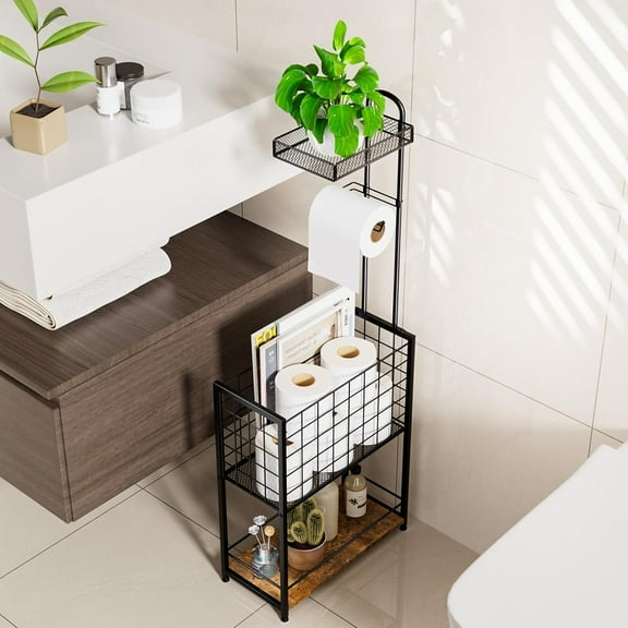 4-Tier Free Standing Toilet Paper Holder with Large Basket - Black Bathroom Storage Rack