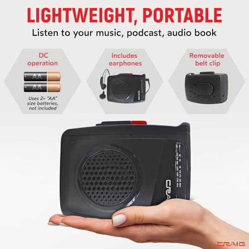 Craig Stereo Cassette Player/Recorder with Earphones: Portable AM/FM Radio & One-Touch Recording System