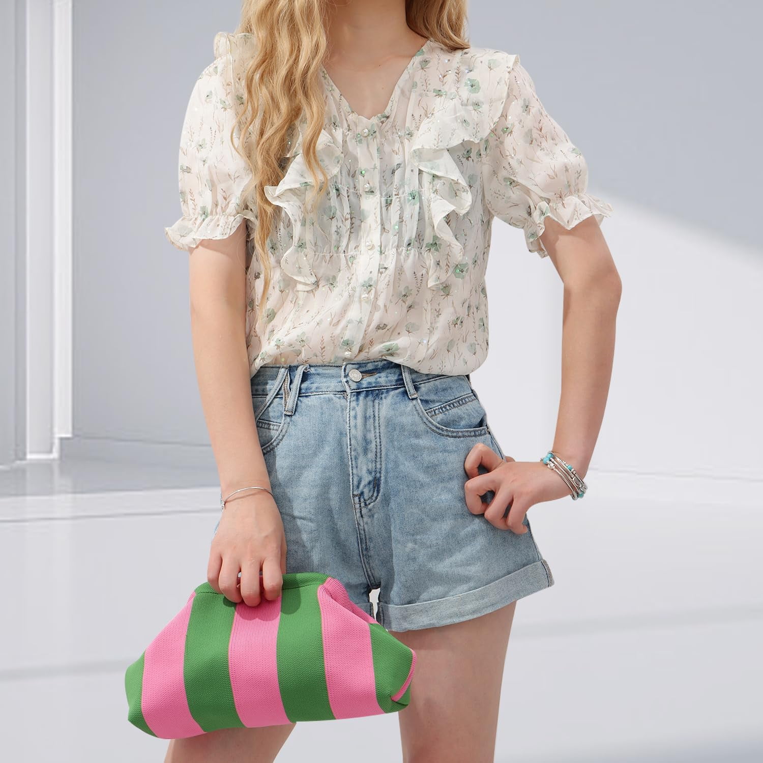 Summer Beach Clutch Purses for Women Woven Crochet Handbags Dumpling Clutch Ruched Cloud Purse Casual Colorblock Bag