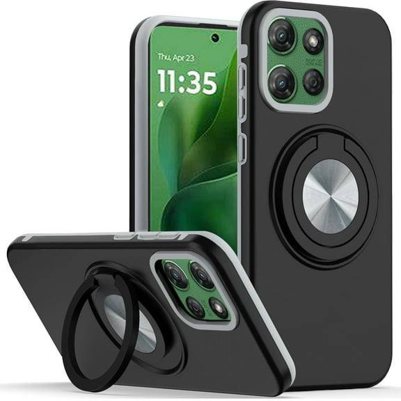 For Motorola Moto G Power 5G 2025 Metal CD Pattern Matte Finished Hybrid with Rotational Ring [Car Mount Friendly] Case - Black