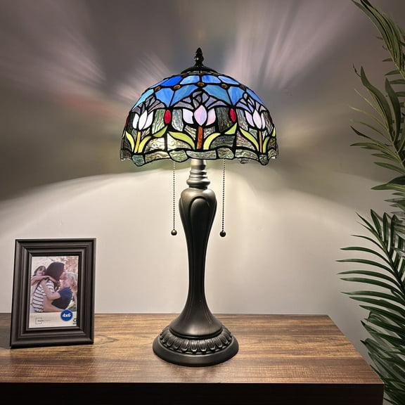 Tiffany Table Lamp Blue Purple Stained Glass Tulips LED Bulbs Included Vintage For Living Room Bedroom Bedside 12"W*12"D*22"H
