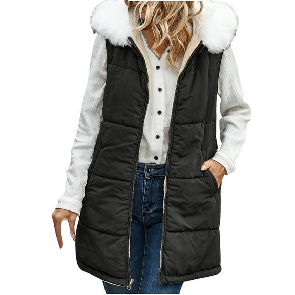 FDGIU Women's Long Puffer Vest - Sleeveless Hooded Quilted Zip Up, Lightweight Warm Winter Trendy Jacket