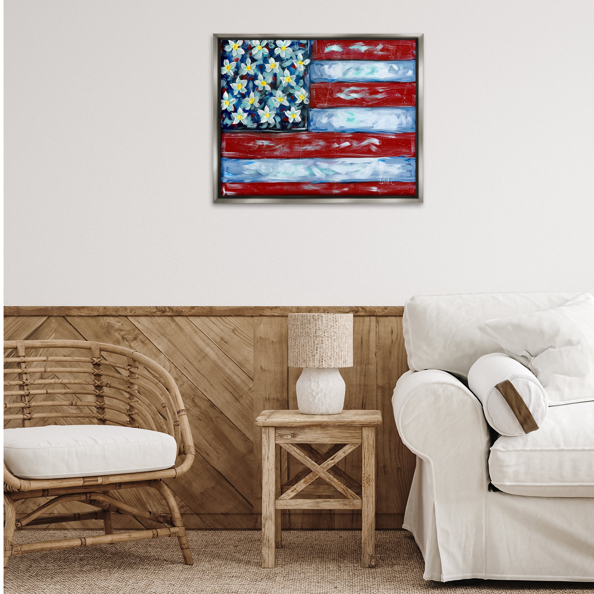 Stupell Industries Flower Stars & Stripes Flag Patriotic Painting Gray Floater Framed Canvas Art Print Wall Art, 31 x 25
