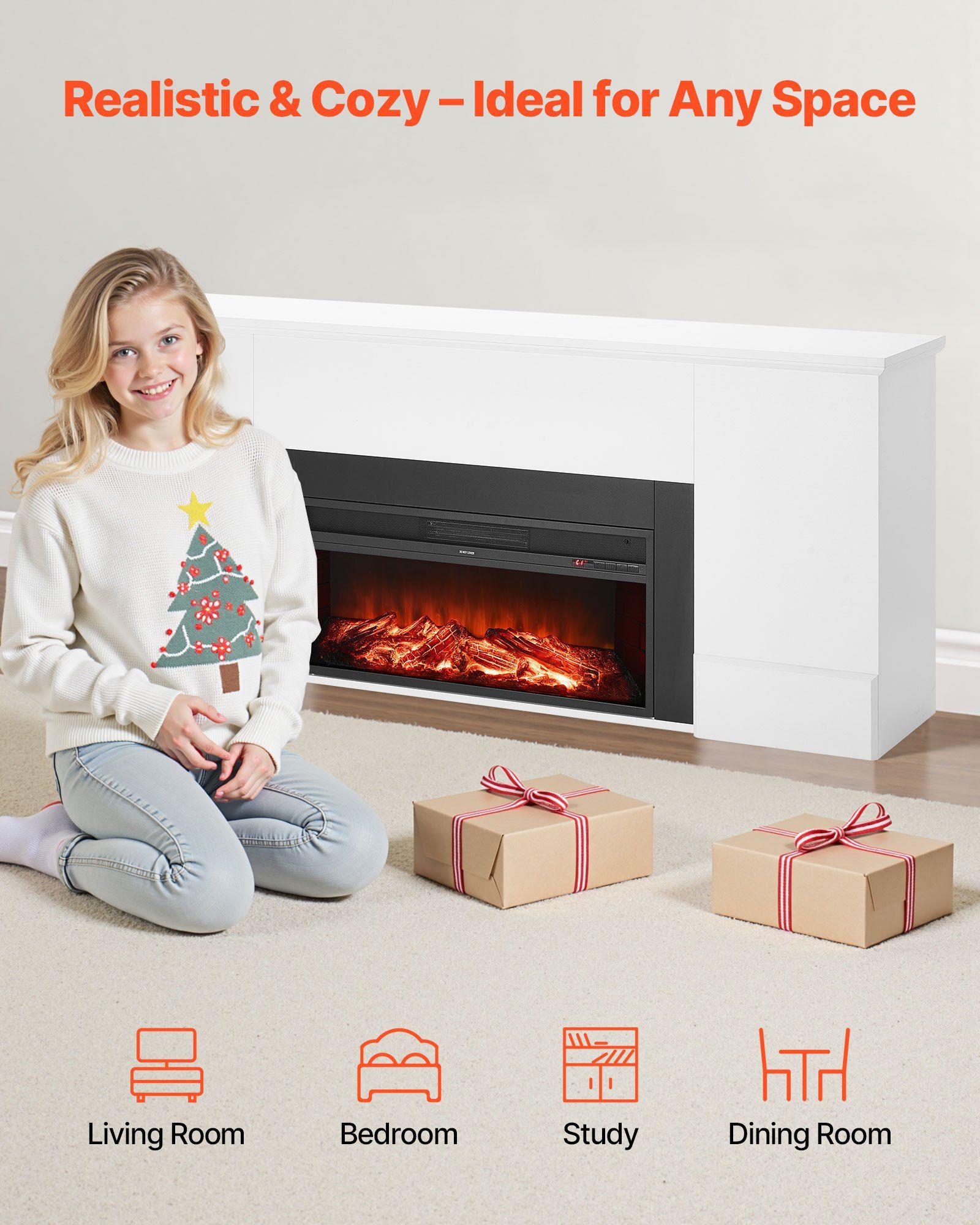 75 Inch White Freestanding Electric Fireplace with Mantel - 1500W Heater, Realistic Flame, Remote Control, Timer, Overheat Protection for Indoor Use in Living Room & Bedroom