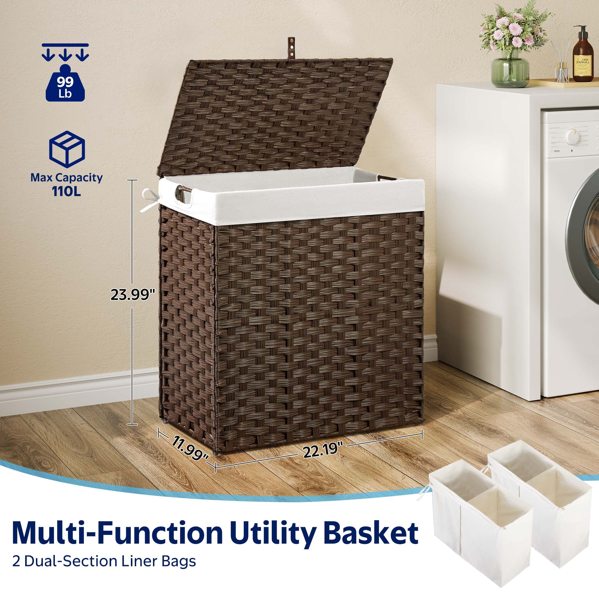 Rolanstar 110L Laundry Hamper Wicker Laundry Basket with Lid, Handles Clothes Hamper Foldable with 2 Removable Liner Bags, Brown