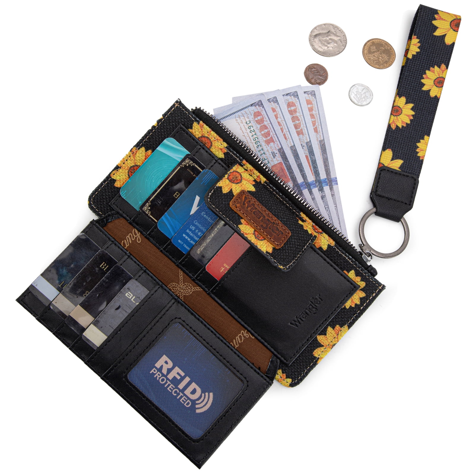 Wrangler Purses for Women Western Clutch Purse Rfid Wallet Womens, Sunflower-Black