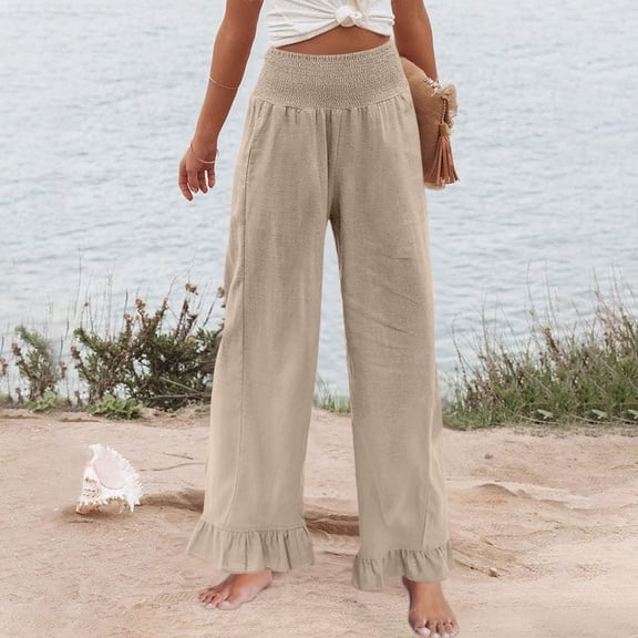 Ruffle Pants Women Linen Pants High Waisted Wide Leg Palazzo Pants Smocked Waist Summer Boho Casual Loose Fit Beach Pants Beige S