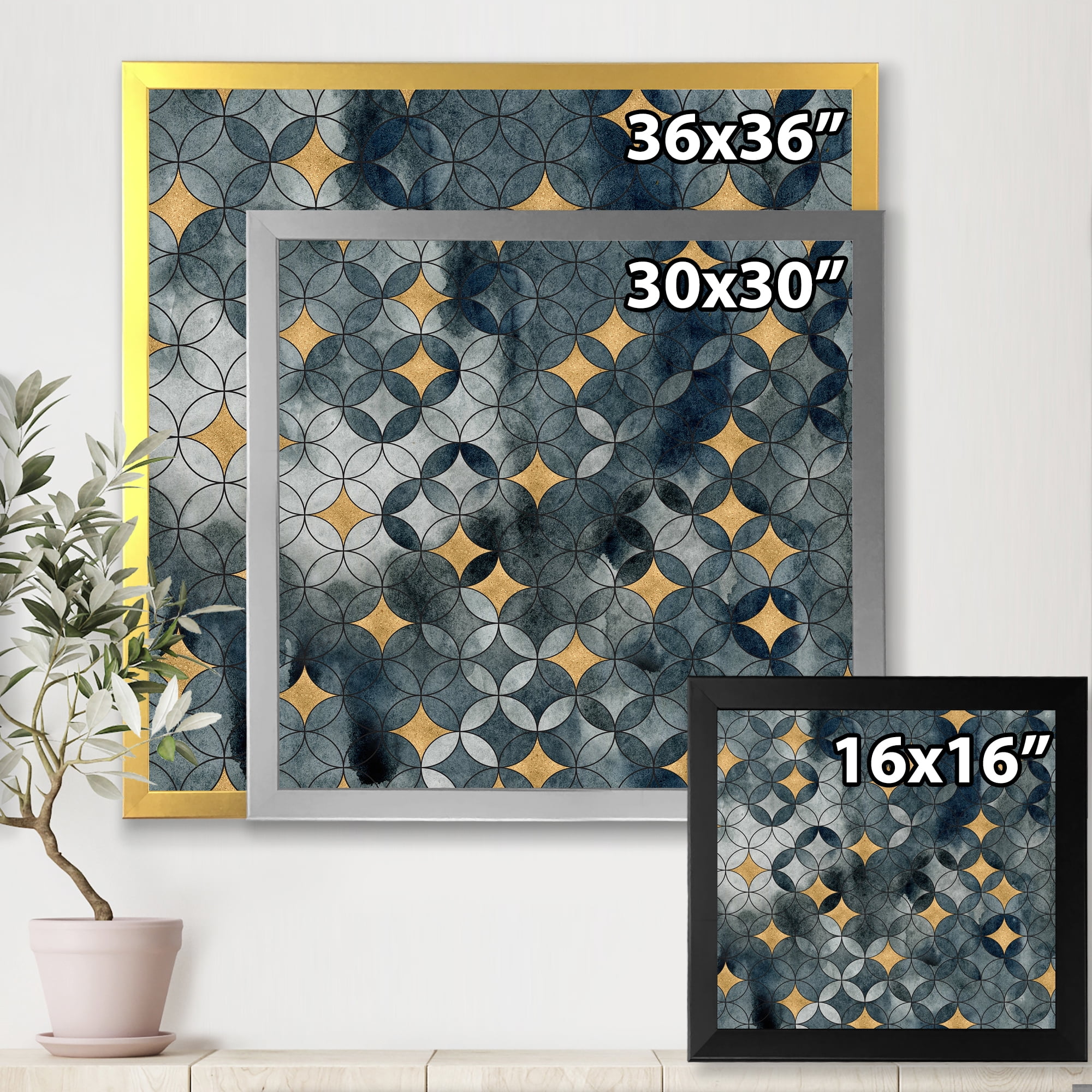 Designart 'Geometry Golden Stars With Intersecting Circles' Modern Framed Art Print