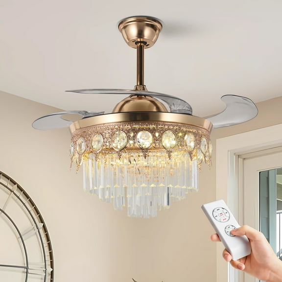 42-inch French style Crystal Ceiling Fan with Light - Retractable Blades & 6-Speed Remote, Variable Frequency Motor 3500K LED (36W 5000CFM) with 4"/8" Downrods for Cathedral Ceiling