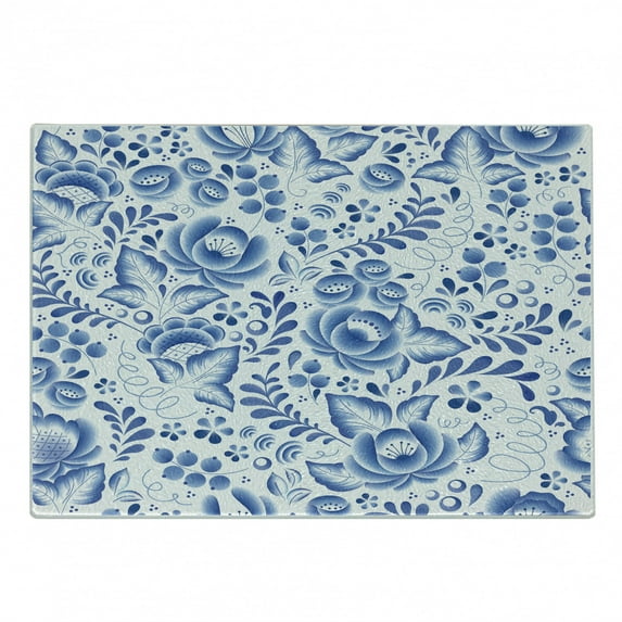 Vintage Blue Cutting Board, Chinese Style Traditional Motif Floral Pattern with Berries Leaves, Decorative Tempered Glass Cutting and Serving Board, Small Size, Cobalt Blue and White, by Ambesonne