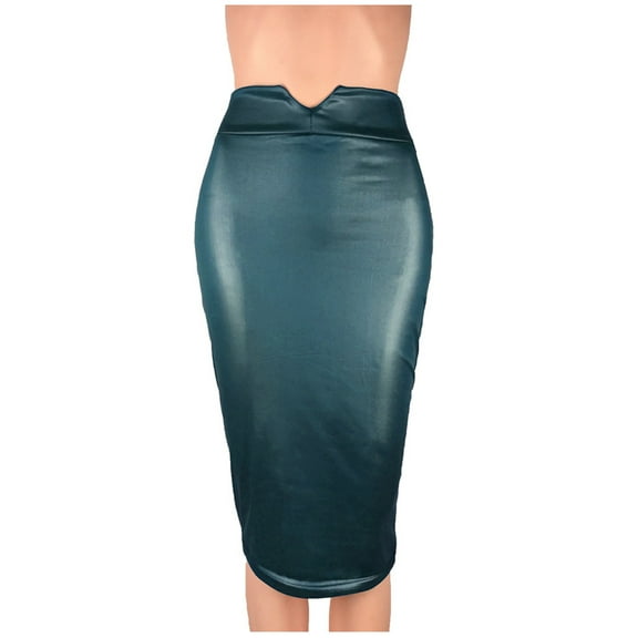 Fgnfyis Women's Leather Bodycon Skirt High Waist Slim Solid Knee Length Skirt Sophisticated Blue XL