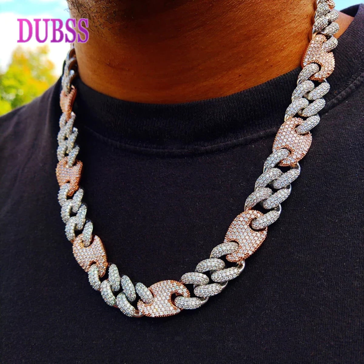 DUBSS Iced Out Cuban Link Chain Two Tone Prong Necklace Real