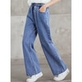 thumbnail image 2 of renvena Kids Girls Elastic Waistband Wide Leg Loose Denim Pants Straight Jean Casual A Blue 7-8, 2 of 7