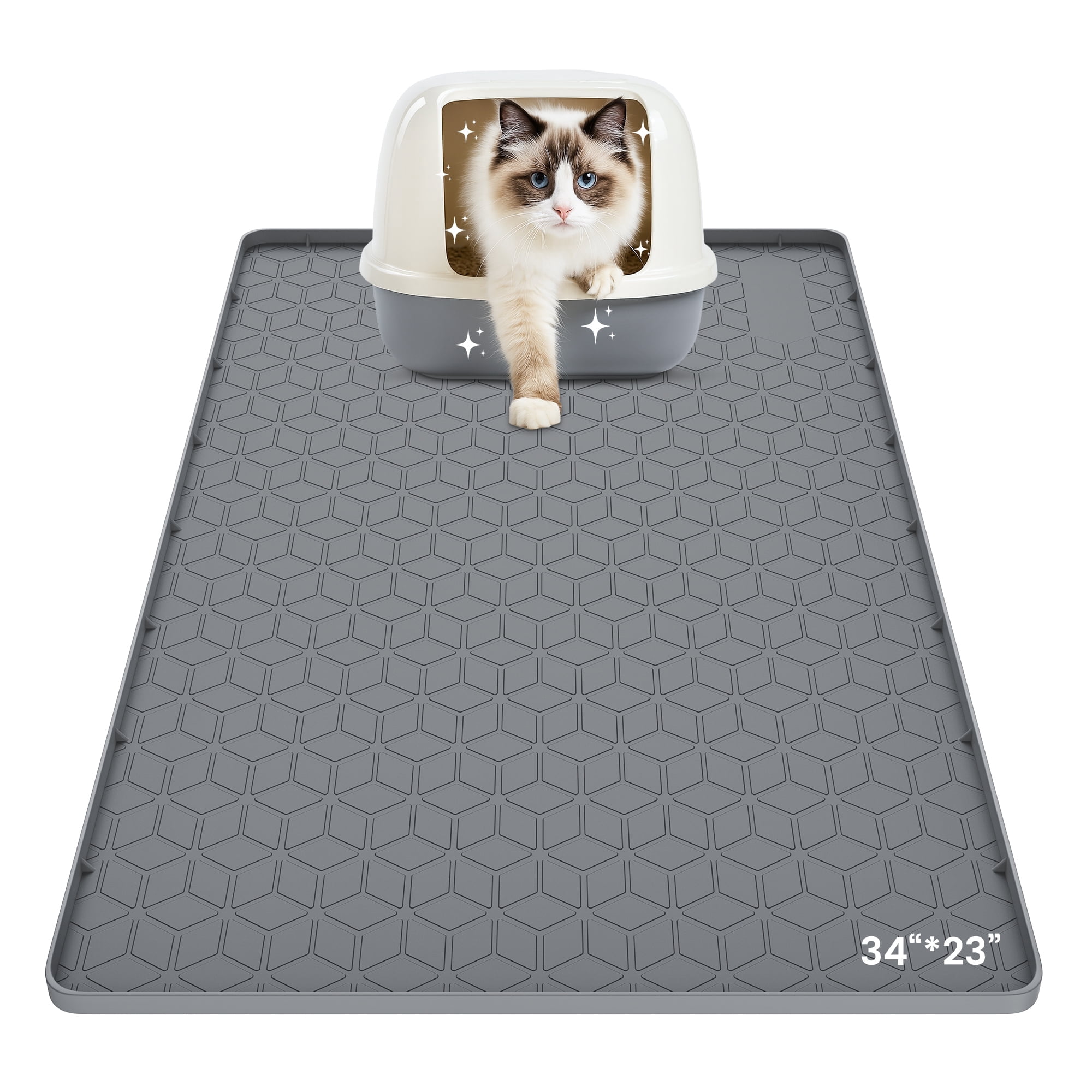 GokeLQ Cat Litter Mat Waterproof, 34" x 23" Non-Slip Silicone Large Cat Litter Mat, Cat Litter Box Mat for Litter Trapping, Easy to Store Kitty Litter Mat, Dark Gray
