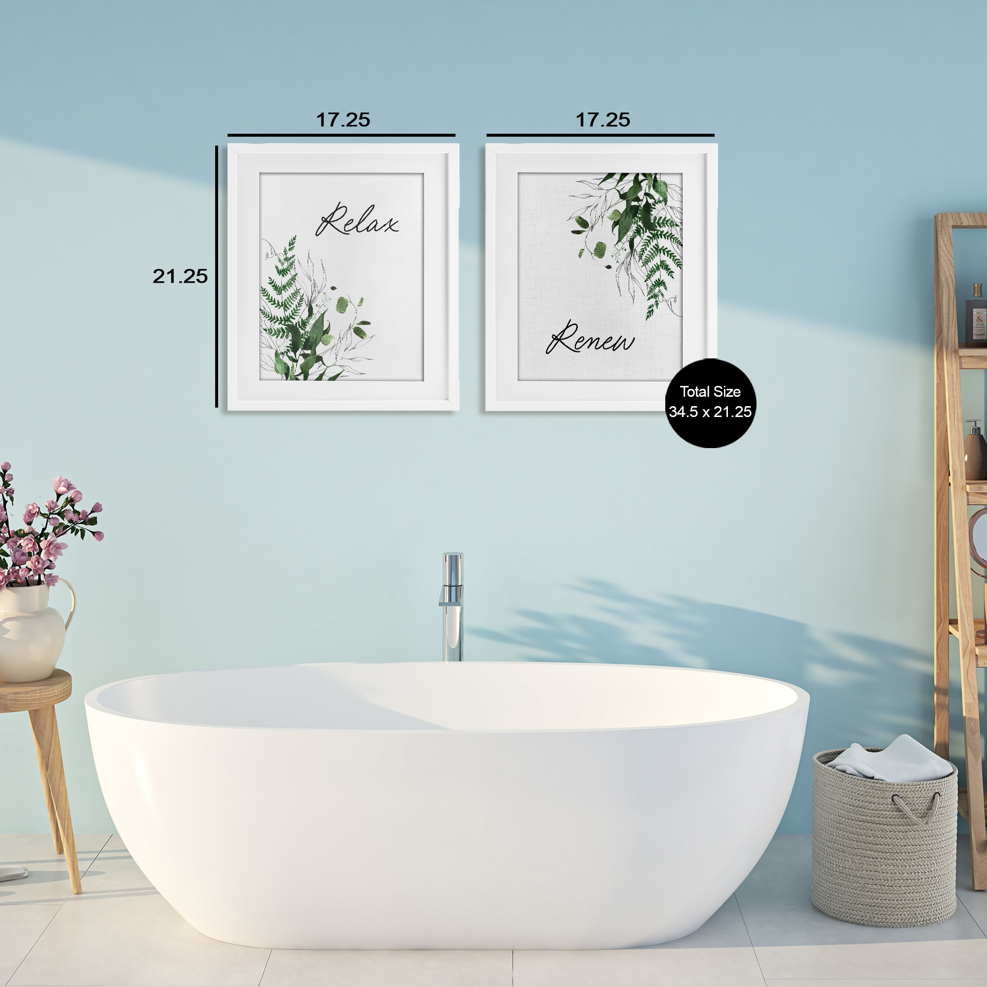 Relax Renew Botanical Leaves 2 Piece White Framed Print Under Glass Set, design by Lettered and Lined