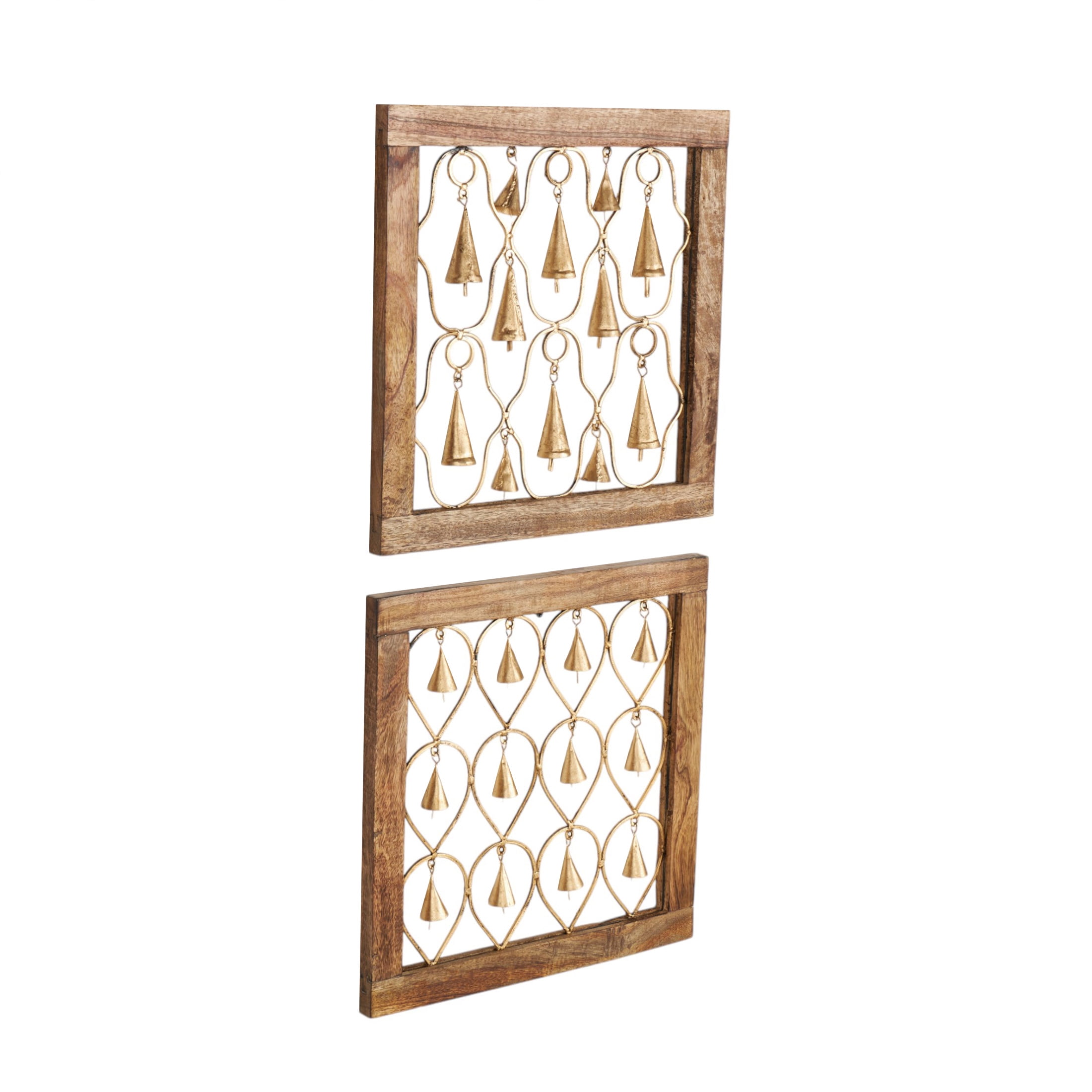 DecMode Wood Farmhouse Hanging Brown Decorative Bells in a  Square Frame with Tanished Brass Finish,  Set of 2 16"W x 16"H