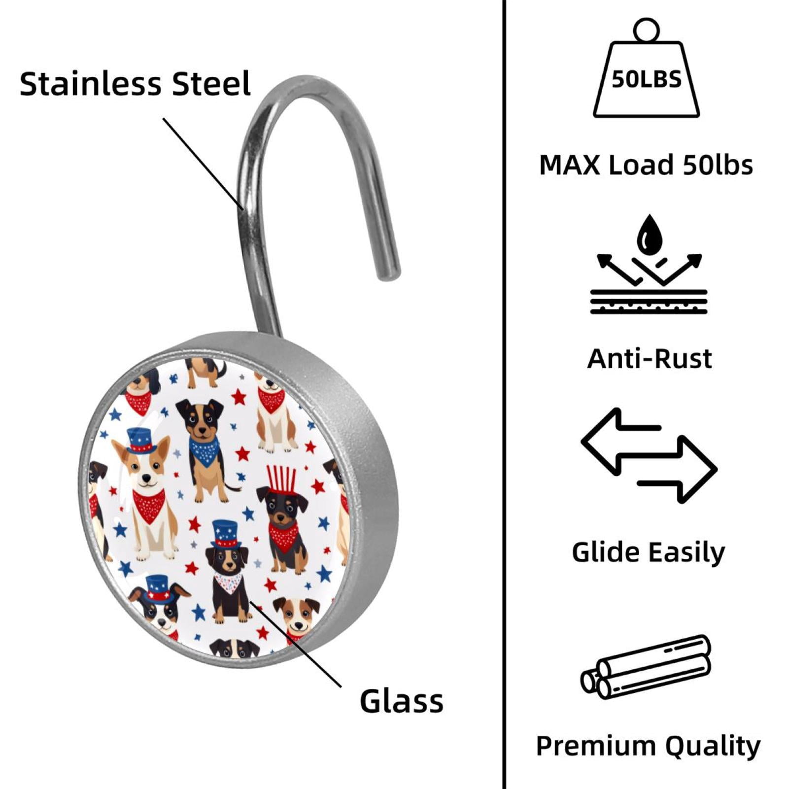 12pcs Decorative Shower Curtain Hooks, Rust Resistant Shower Rings for Bathroom Living Room,Rustproof Stainless Steel Rings for Shower Curtain and Liner Rods,4th of July Dogs
