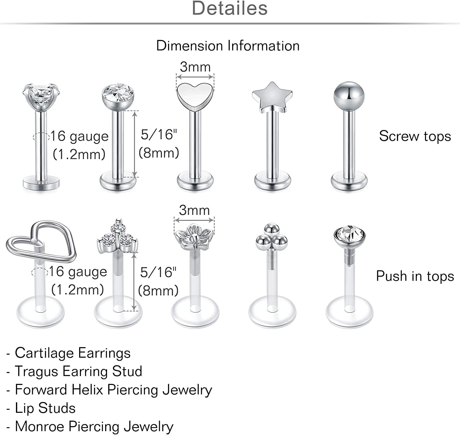 Ftovosyo Forward Helix Earring 16G Surgical Steel Tragus Earring Cartilage Stud Body Piercing Jewelry for Women Men 6mm 8mm 