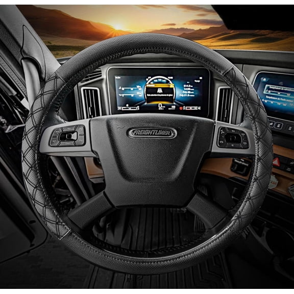18" Truck Semi Steering Wheel Cover / Black Faux Leather / Black Stitching