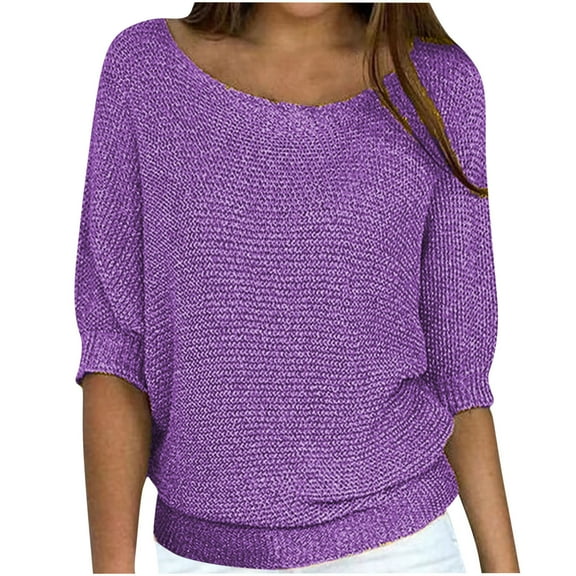 VERUGU Womens Sweaters Fall Winter Solid Round Neck Knitwear Long Sleeve Elegant Loose Warm Comfort Pullover Shirt Purple M