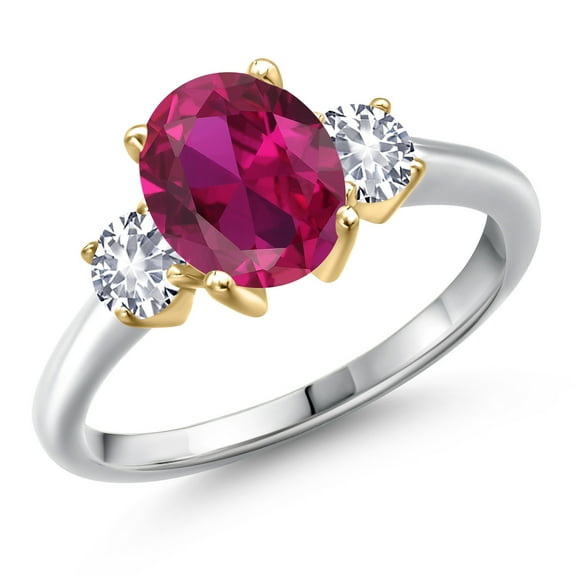 Gem Stone King 925 Silver and 10K Yellow Gold Red Created Ruby and White Created Sapphire Engagement Ring for Women | 2.50 Cttw | Oval 9X7MM | Gemstone July Birthstone | Size 9