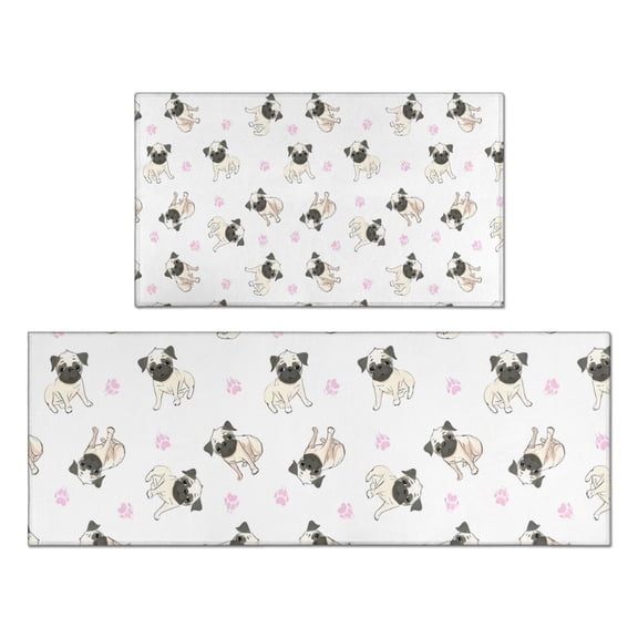 Pug and Footprints Kitchen Rugs Sets Of 2,Anti Fatigue Kitchen Mat Rugs Non Slip Washable,Decorative Kitchen Floor Mats for Kitchen,Sink,Laundry,17"x30" 17"x47"