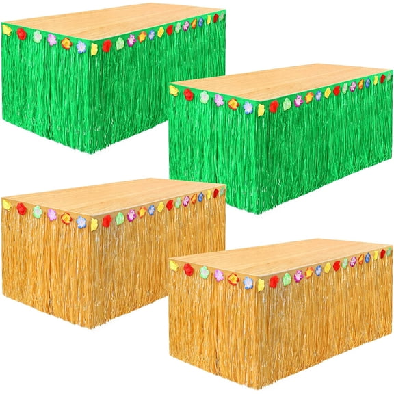 4 Pack Grass Table Skirt Natural 9 Feet x 29.5 Inch Hawaiian Table Skirt for Tropical Hawaiian Party Decorations Party Costume Party. Green and Straw Yellow
