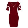 thumbnail image 4 of Moda mujer verano cremallera Sexy cuello en V diamantes sólidos manga corta ahueca hacia fuera Mini vestido Fridja  qw6002, 4 of 5