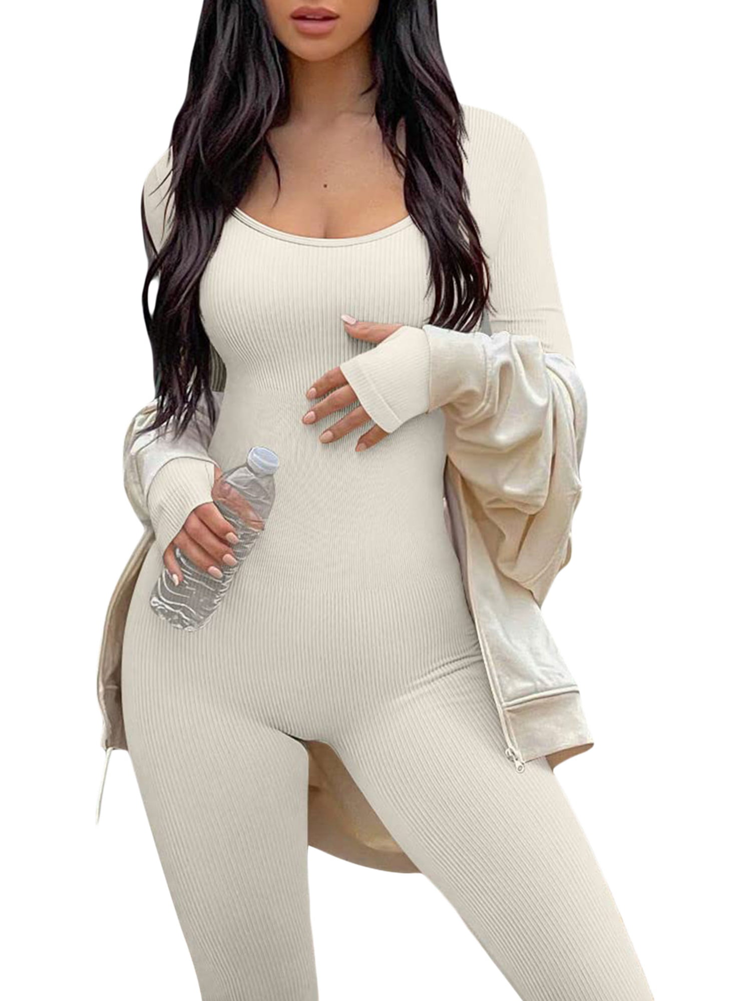 Womens One Piece Jumpsuit Long Sleeve Solid Bodycon Romper Pants