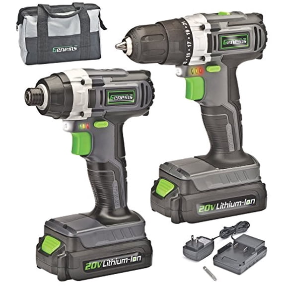 Genesis GL20DIDKA2 2-Piece 20V Lithium-ion Battery-Powered Cordless Variable Speed Drill Driver and Impact Driver Kit with LED Light, Electric Brake, Storage Bag, Charger, 2 Batteries, and Bit