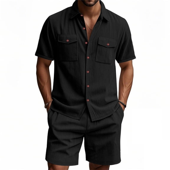Cotton Men's Two Piece Sets Summer Lounge Sets Casual Short Sleeve Button Shirts and Elastic Waist Drawstring Shorts with Pockets Black S