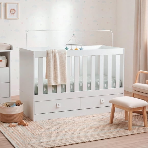 Cuna Colecho de Madera 2 en 1 Corral Multifuncional Color Blanco Cama Bebé con Cajones