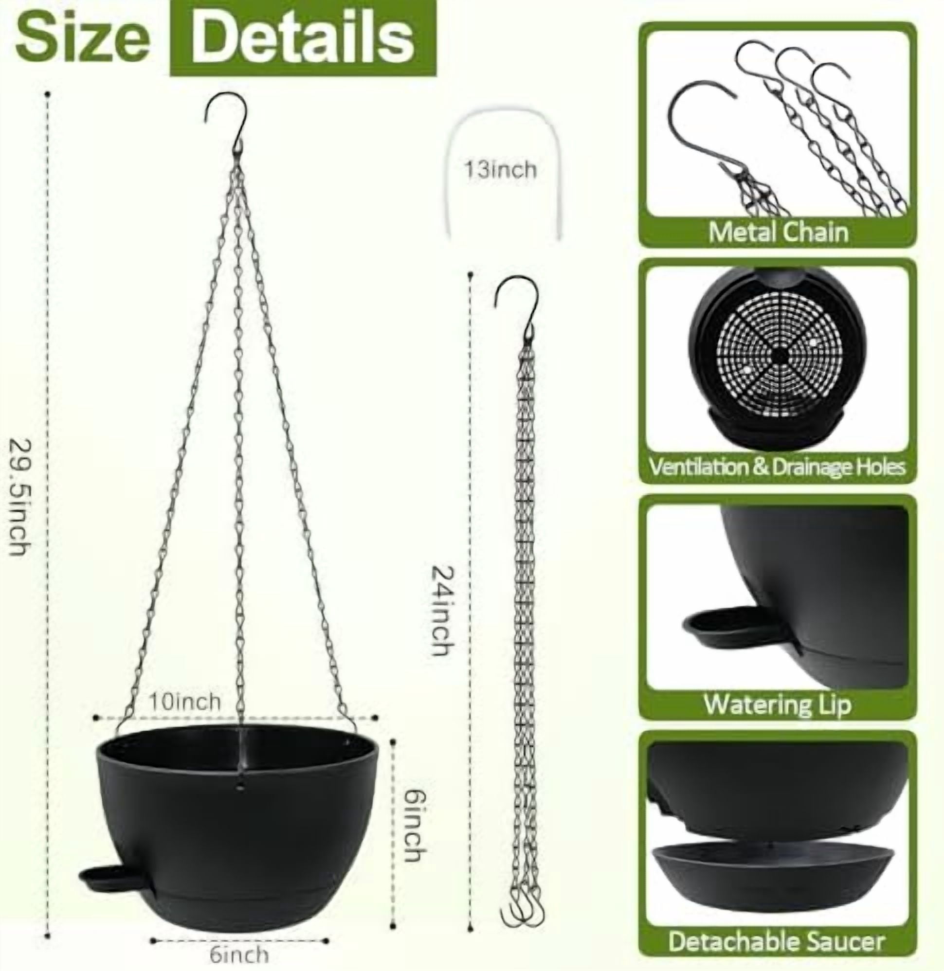 Self Watering Hanging Planters, 2 Pack 10'' Plastic Pots with Drainage Holes & Reservoir Tray (Black) | Indoor & Outdoor Use for Ferns, Ivy, Herbs, Succulents